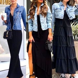 Zara crop denim jacket and madewell maxi dress